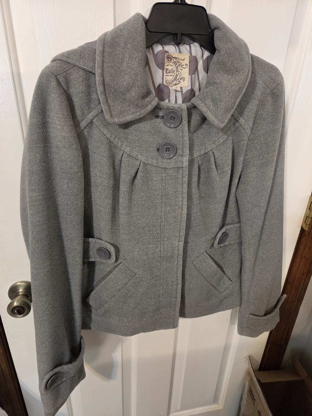 Tulle Gray Wool-Blend Pleated Pea Coat